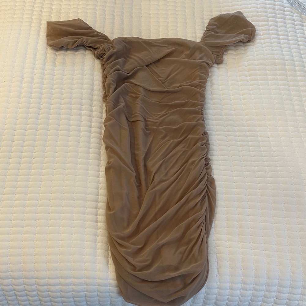 Tan Off-Shoulder Mini Dress